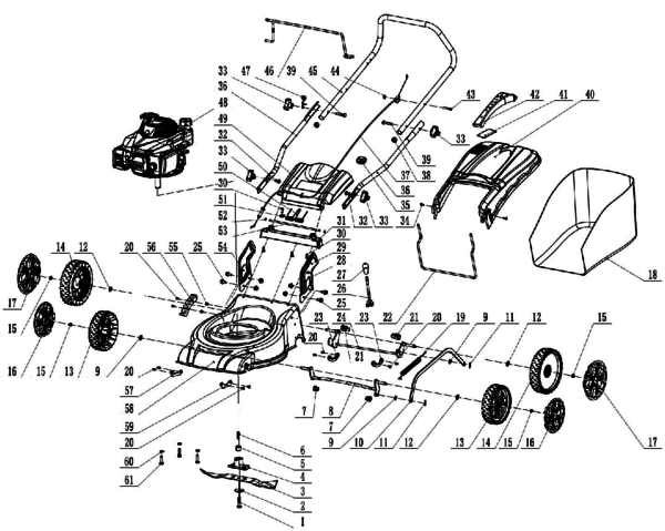 GLM 40P Basic Petrol lawnmower Exploded drawing